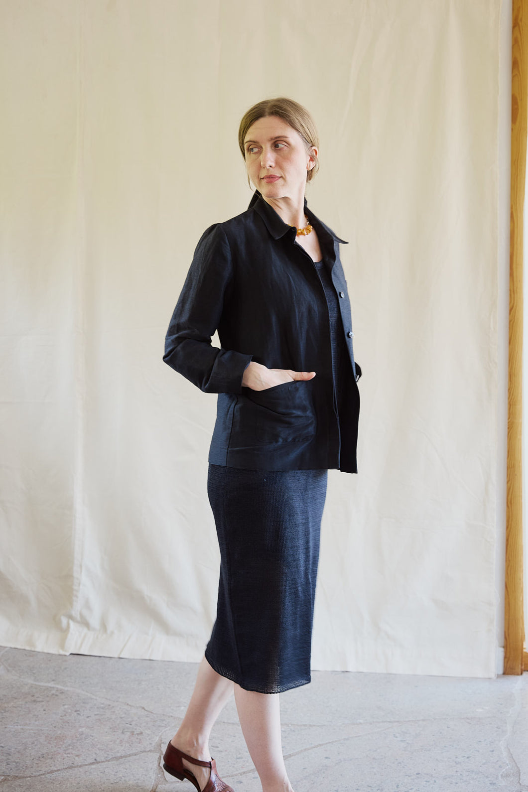 Tailored suit jacket silk/linen - black